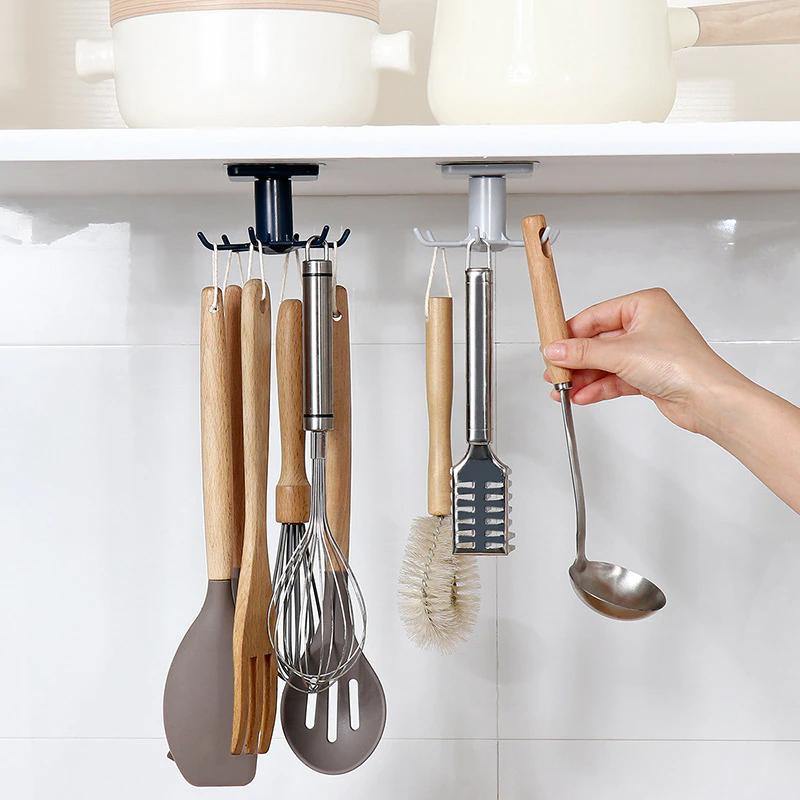 Under-Cabinet Spinning Kitchen Utensil Storage 6-Hook Hanger