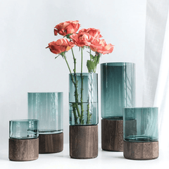 Serenity Wood Base Glass Vases