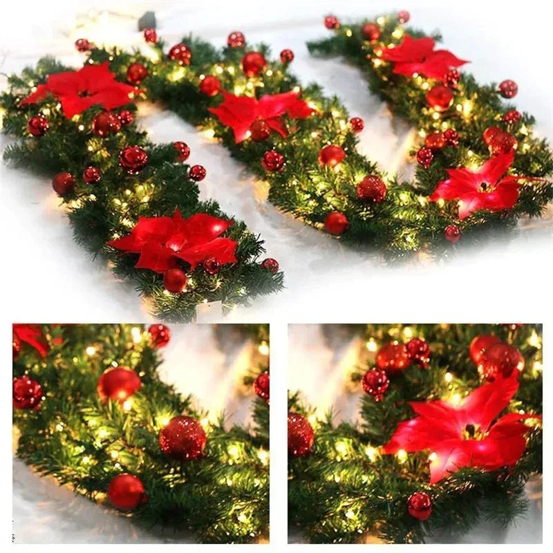 2.7M Christmas LED Rattan Garland Decorative Artificial Flower Pine Tree Ornament Xmas Party Home Fireplace Door Stairs Decor