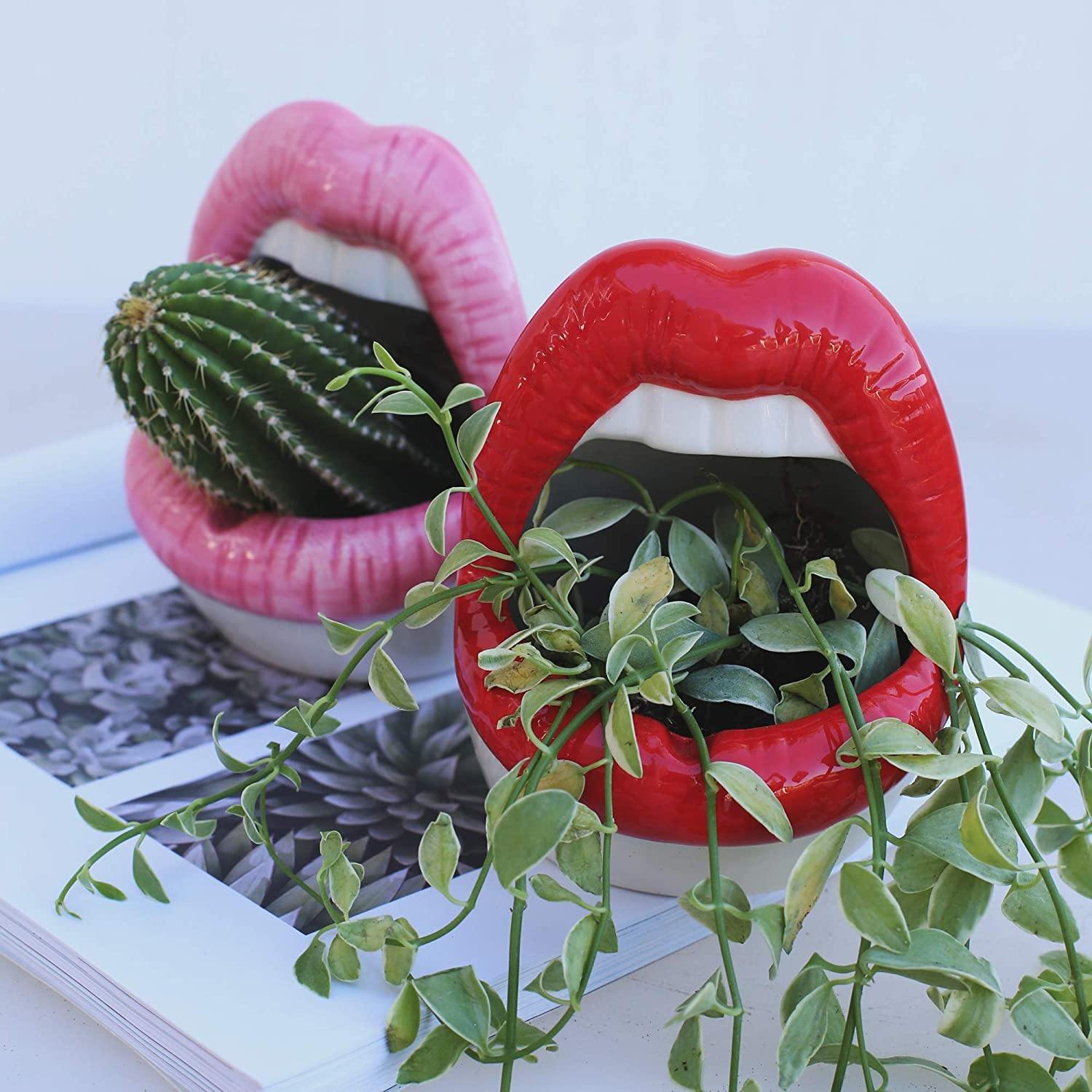 Pucker Up Lips Ceramic Planter