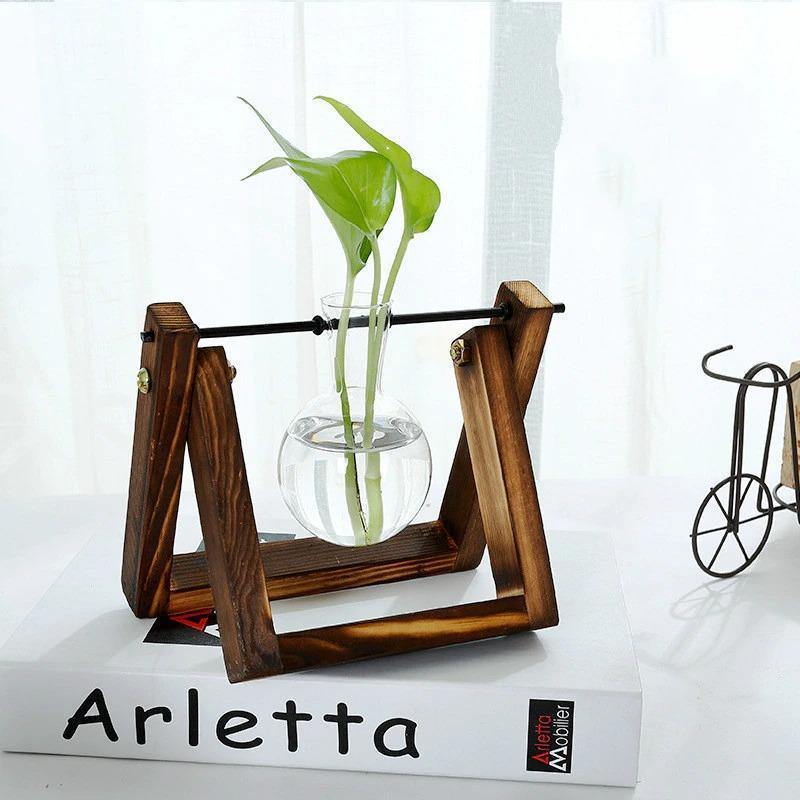 Glass Propagation Vase with A-Frame Wooden Stand